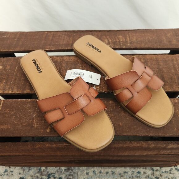 Sonoma Rivka Women Sandals 7 Brown Open Toe Slip On Flat Shoes - Picture 1 of 6